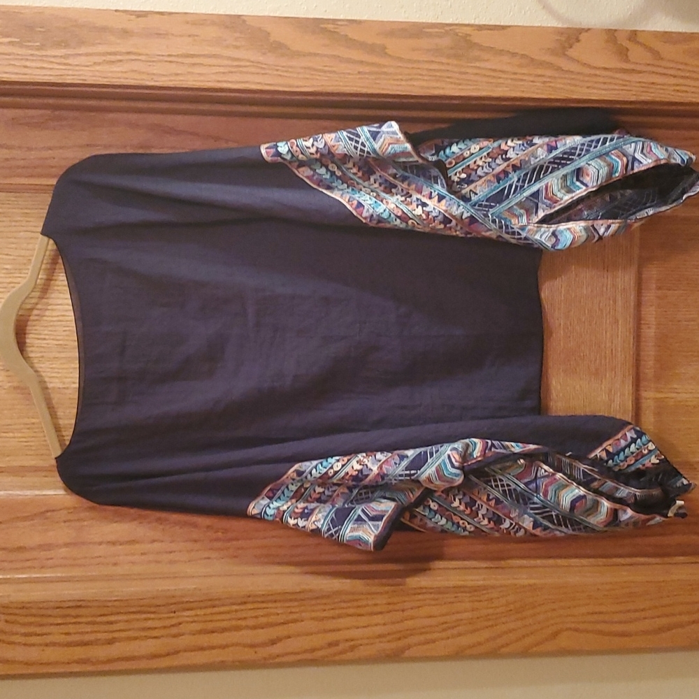 Navy Boho Embroidered Poncho Sleeve Blouse
